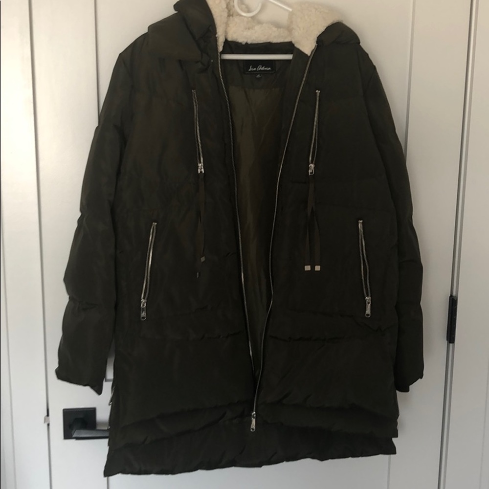 Puffer utility jacket shearling hood